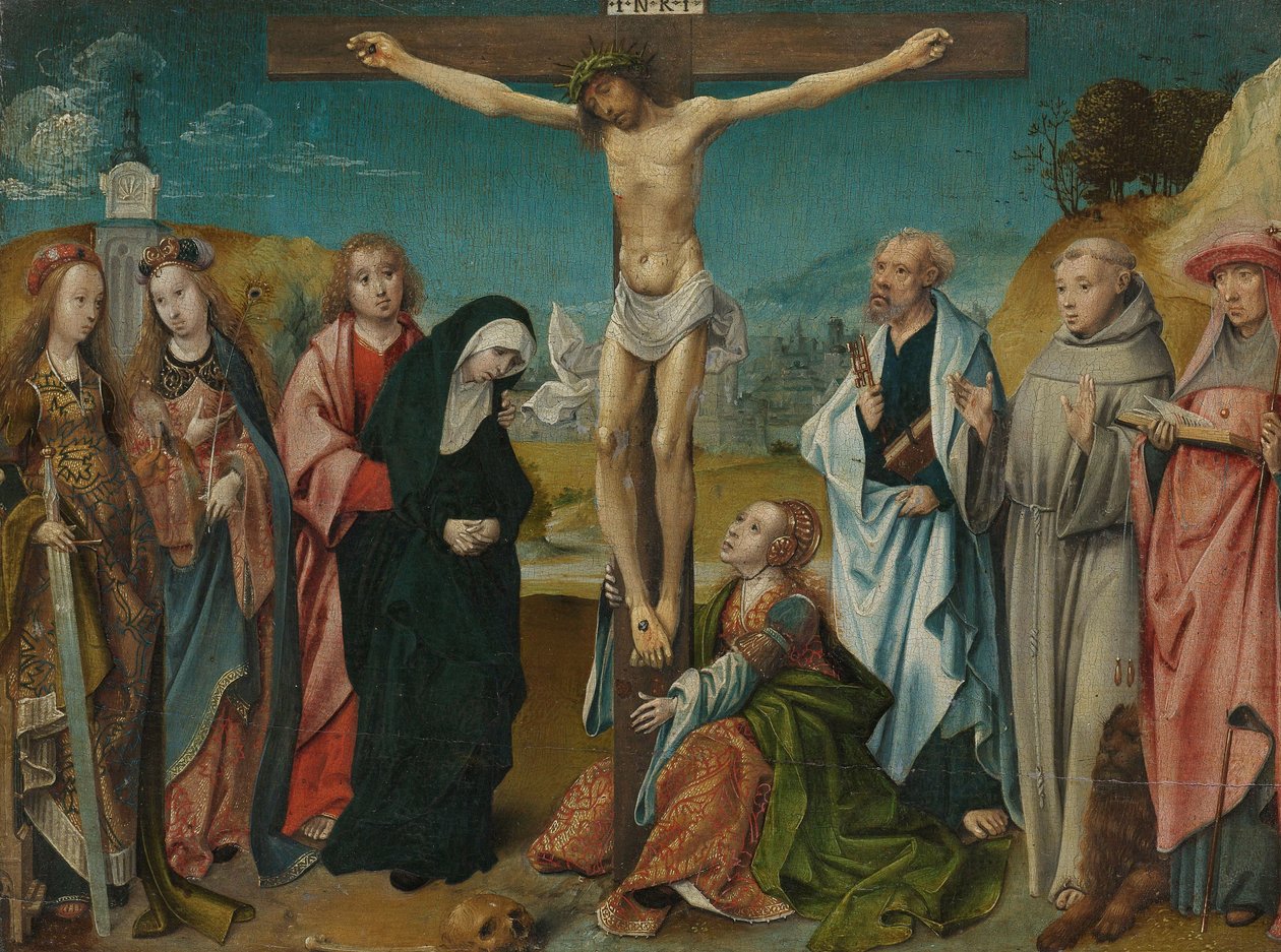 Kristus på korset, med Maria, Johannes, Maria Magdalena og de hellige Cecilia og Barbara (til venstre) og Peter, Frans og Hieronymus (til høyre) av Cornelis Engebrechtsz