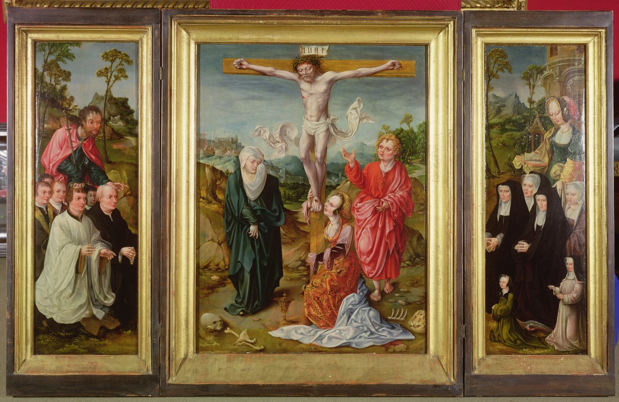 Triptych of the Crucifixion: St. Barbara med givere (høyre ving); St. Jakob den større med givere (venstre fløy); Korsfestelsen (i midten) av Cornelis Engebrechtsz