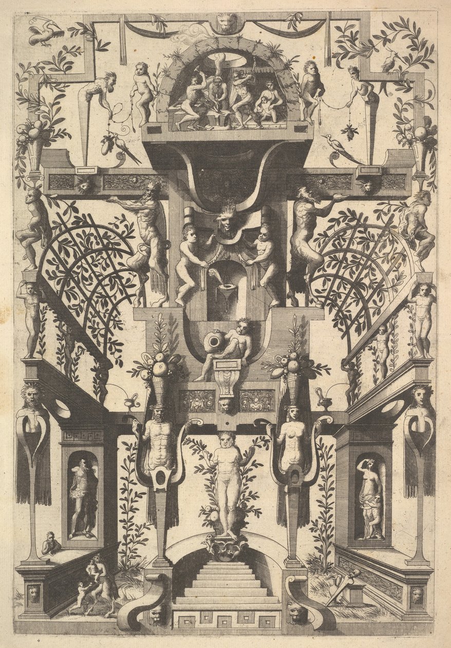 Fantastic Architecture Structure with Strapwork and Two Pergolas and a Small Scene with Vu..., 1557.    1181249   no       norwegian Successfully Translated  Original: Landscape Garden Estate. Translat: Landscape Garden Estate. 1202985 no norwegian Success av Cornelis Floris Ii