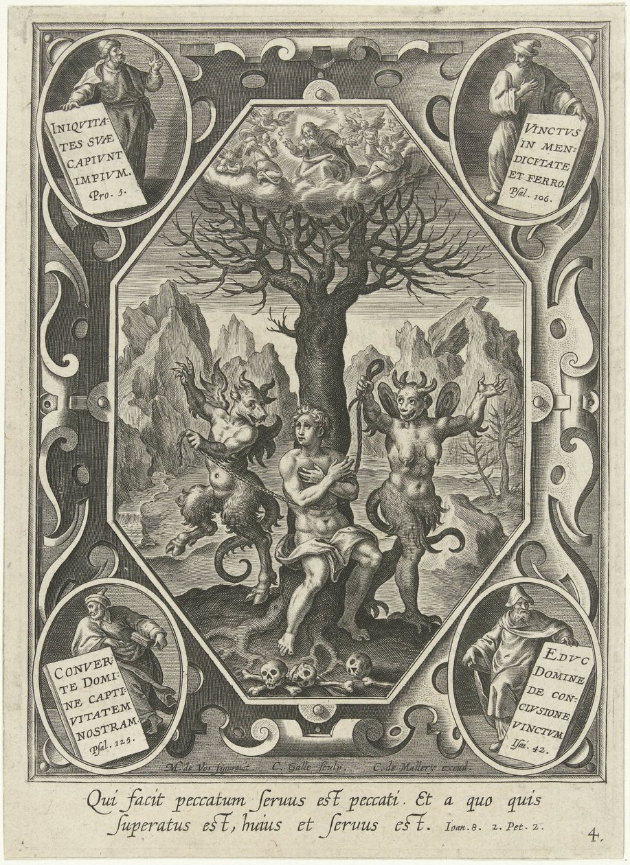 En ung mann er lenket til et tre av to djevler av Cornelis Galle (I)