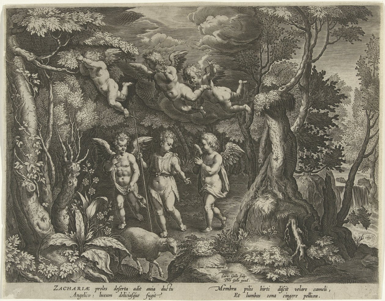 Døperen Johannes blir ledsaget av engler når han går inn i ørkenen The Life of John the Baptist (serietittel) av Cornelis Galle (I)