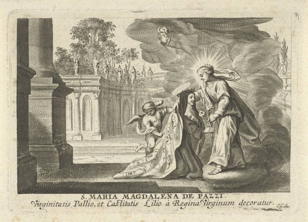 Maria gir en liljegren til St. Mary Magdalene de Pazzi av Cornelis Galle (I)