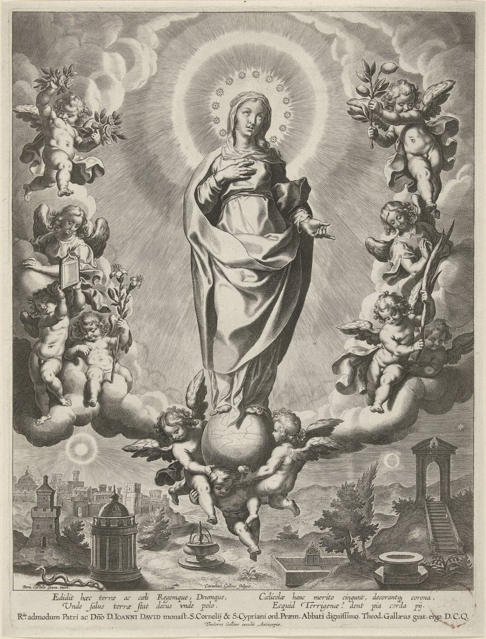 Maria på en jordklode, omgitt av engler av Cornelis Galle (I)