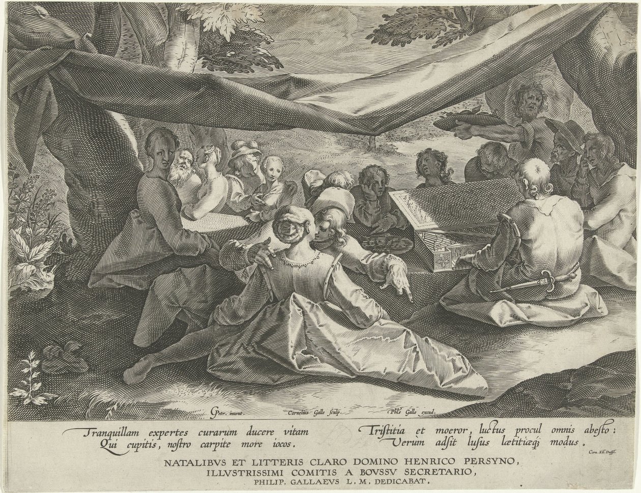 Musikkskapende selskap med mannen bak virginal av Cornelis Galle (I)