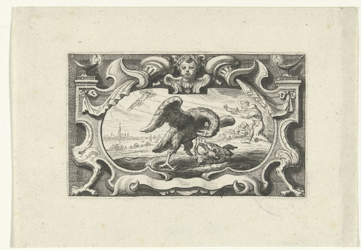 Vignett med pelikan som mater ungene sine med eget blod av Cornelis Galle (II) (attributed to)