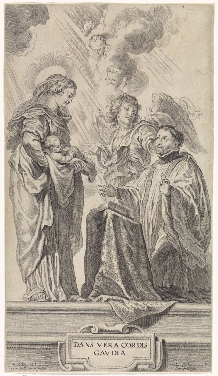 En ukjent helgen (Ignatius av Loyola?) kneler foran Maria med barn av Cornelis Galle (II)