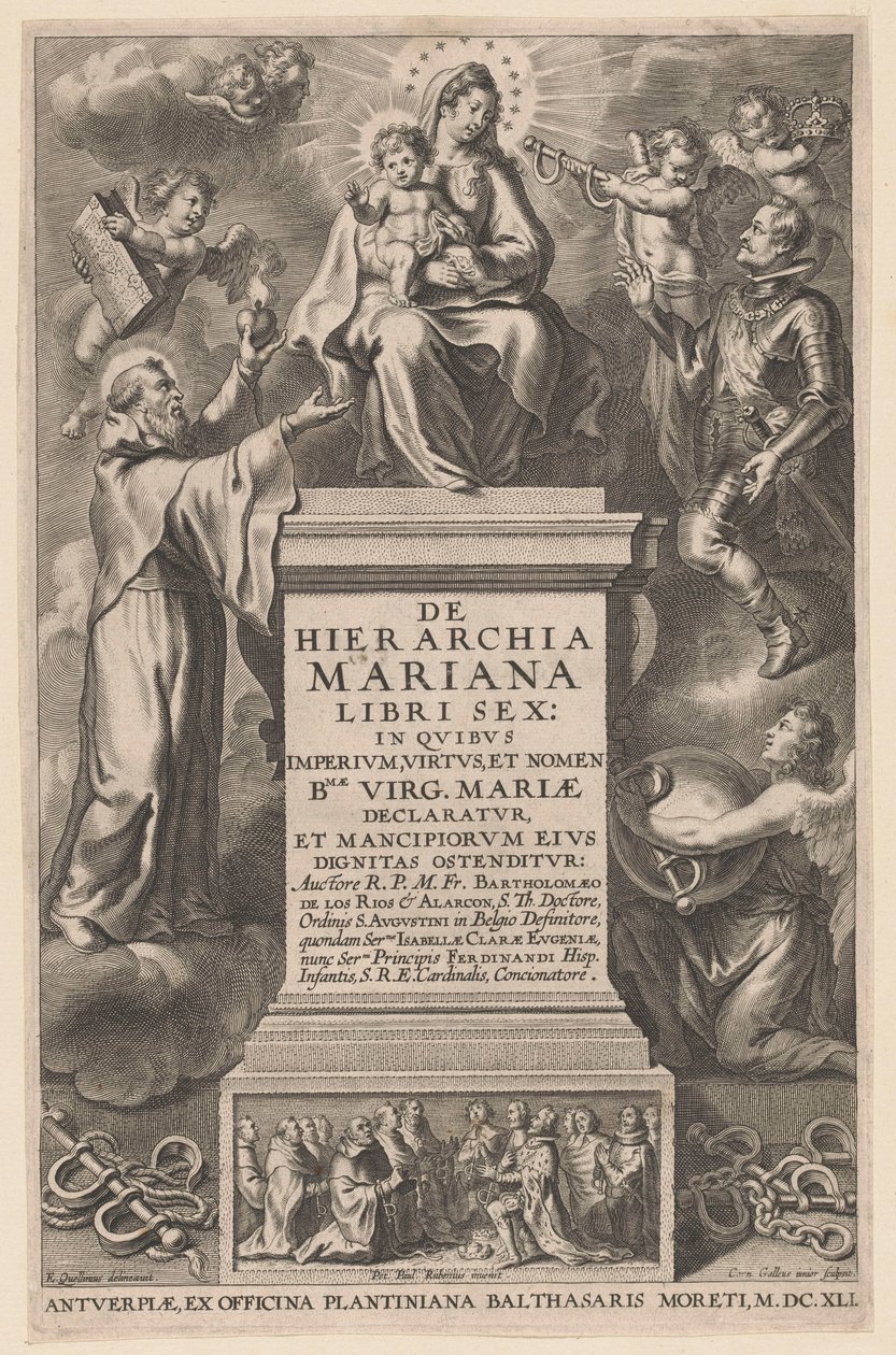 Tronet Maria med barn Tittelside for: B. de los Rios, De hierarchia Mariana libri sex, Antwerpen: 1641 av Cornelis Galle (II)