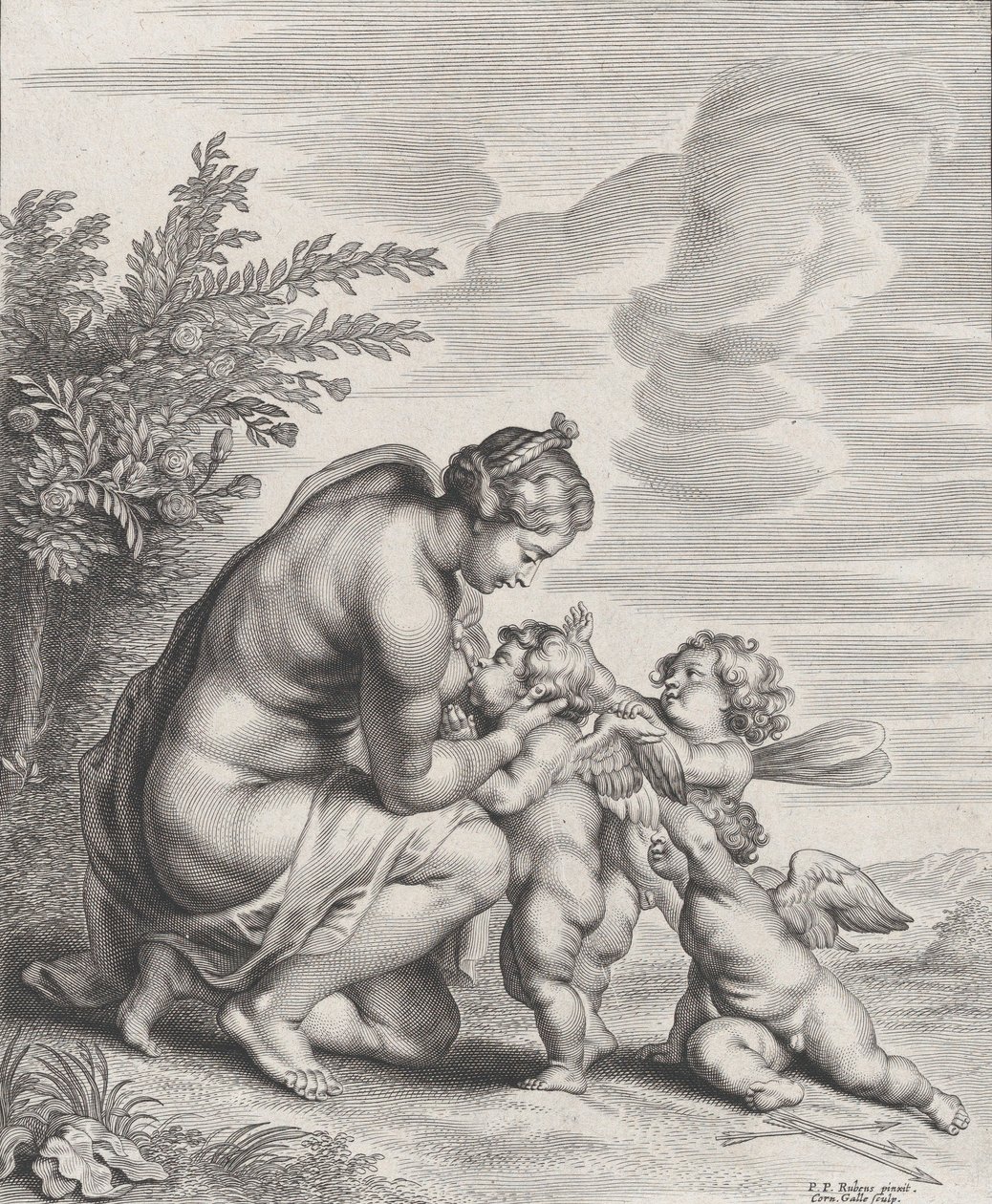 Venus som ammer tre amoriner i et landskap, ca. 1627-78. av Cornelis Galle II