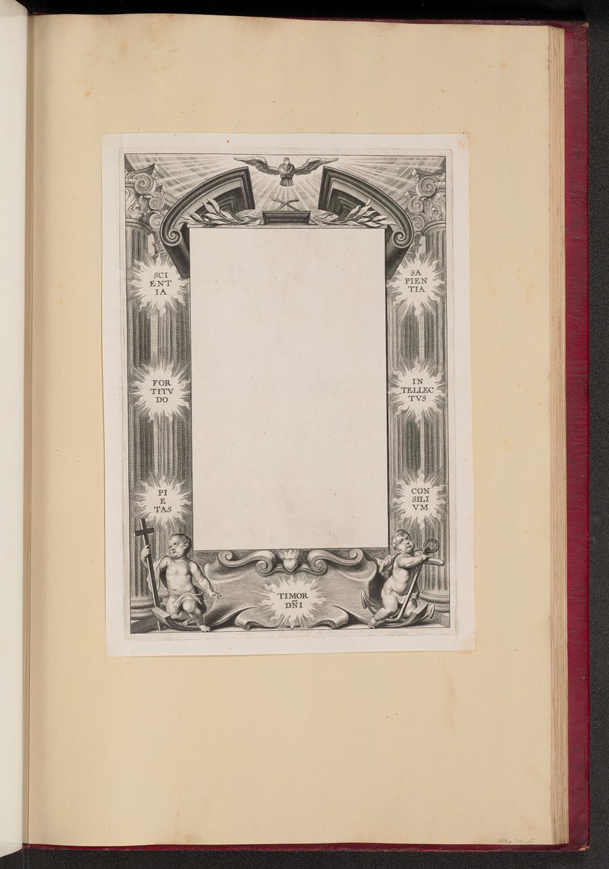 Grenseillustrasjon med Two Putti "Kunnskap, styrke, fromhet, frykt-DNI, visdom, intellekt, konsilivm" av Cornelis Galle I