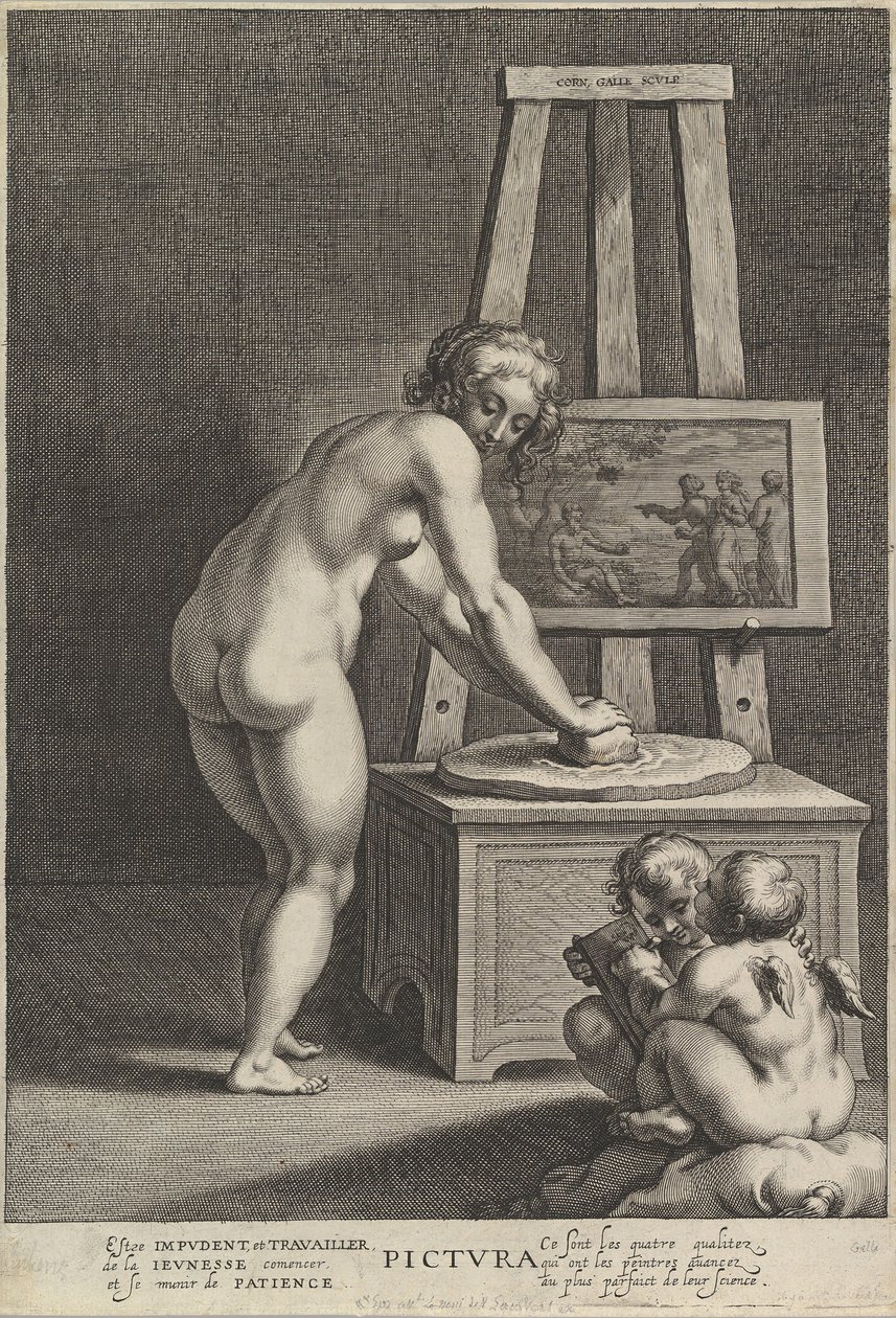 Bilde: allegori av maleri, med en naken kvinne i midten som maler pigmenter, to p..., ca. 1610-50. av Cornelis Galle I