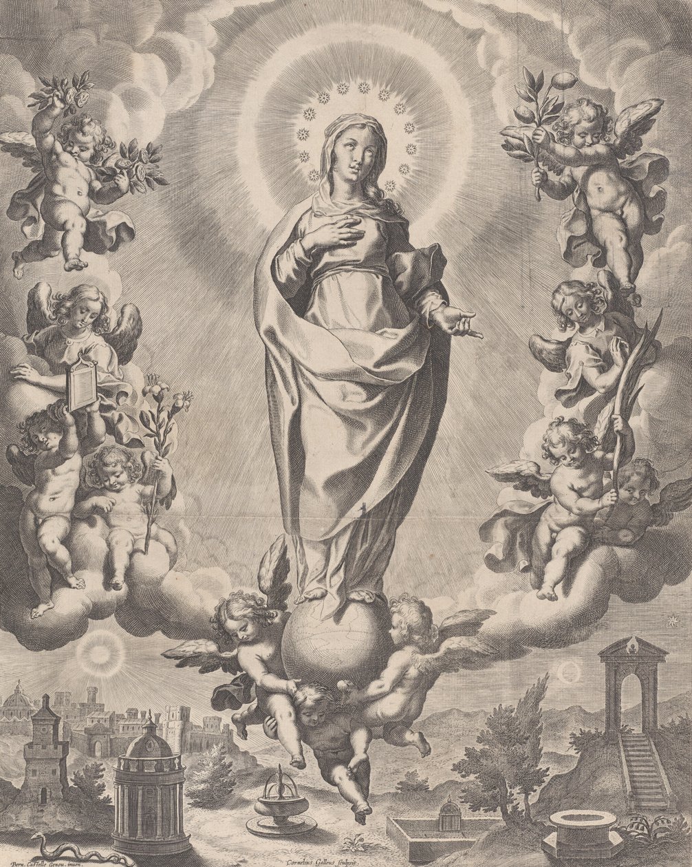 Jomfruen i herlighet, stående på skyer og omgitt av engler som holder symbolene ..., 1595-1633. av Cornelis Galle I