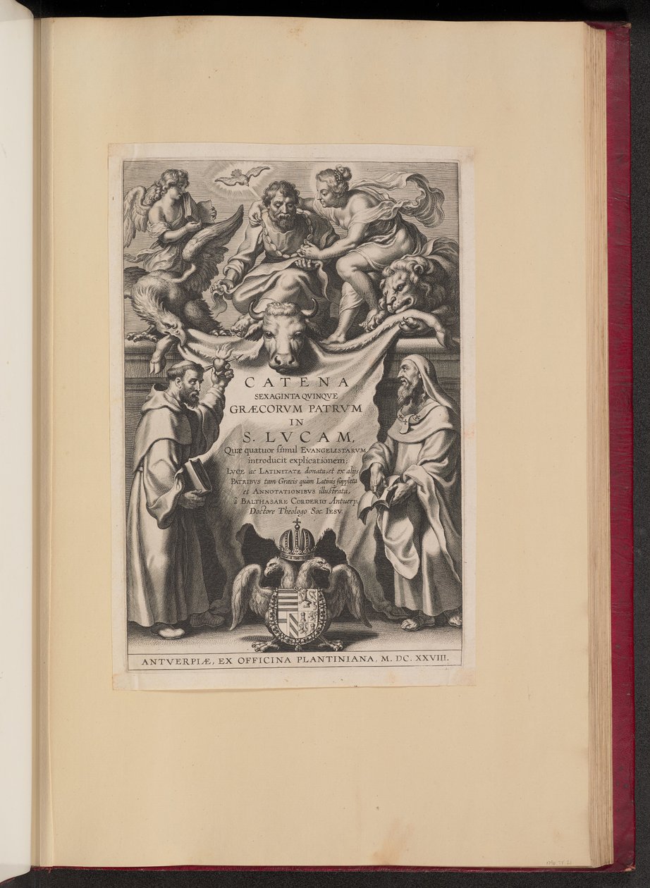 Tittelside for Balthasar Cordier, Chain of Sixty Qvinqve Graecorvm Patrvm i S. Lvcam... av Cornelis Galle I after Sir Peter Paul Rubens
