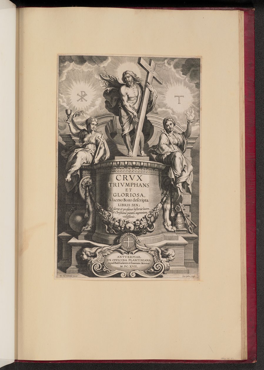 Tittelside for Giacomo Bosio, Triumphant and Glorious Cross av Cornelis Galle I after Sir Peter Paul Rubens