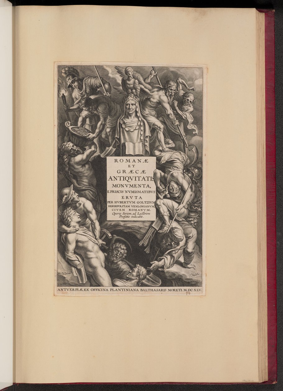 Tittelside for Hubert Goltzius, monumenter fra romersk og gresk antikke (Opera Omnia, I) av Cornelis Galle I after Sir Peter Paul Rubens