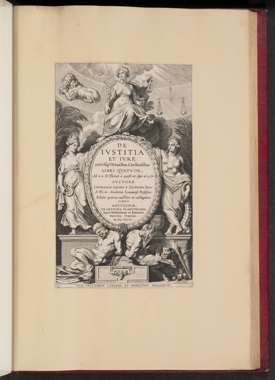 Tittelside for Leonard Lessius, De Ivstitia et Ivre... av Cornelis Galle I after Sir Peter Paul Rubens