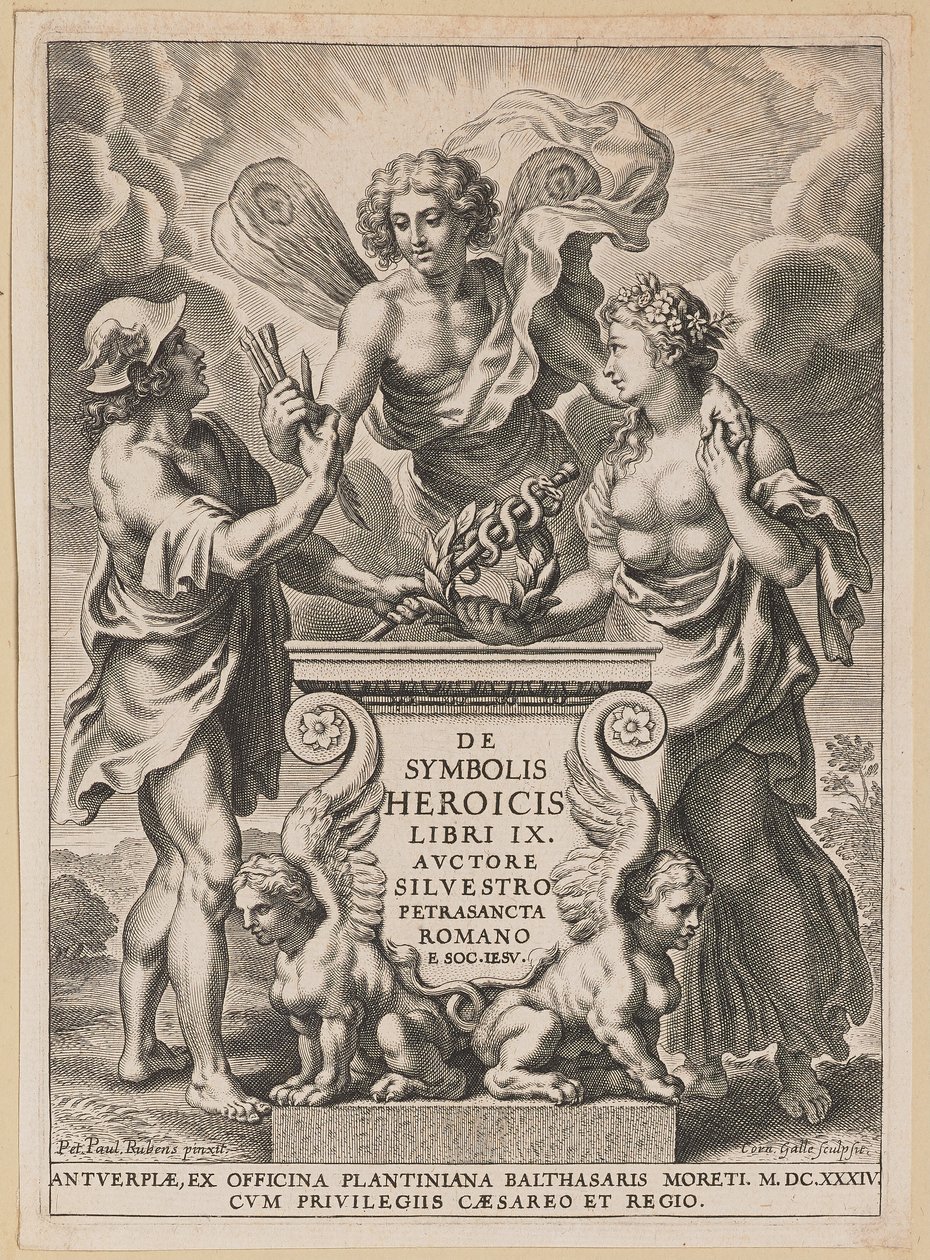 Tittelside for Silvester Pietrasanta, om heroiske symboler av Cornelis Galle I after Sir Peter Paul Rubens