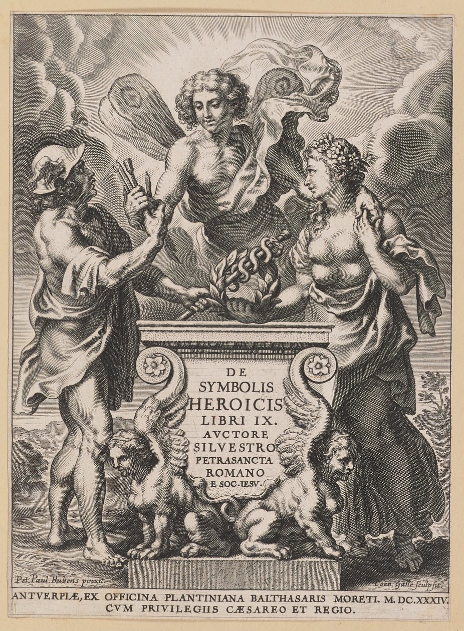 Tittelside for Silvester Pietrasanta, om heroiske symboler av Cornelis Galle I after Sir Peter Paul Rubens