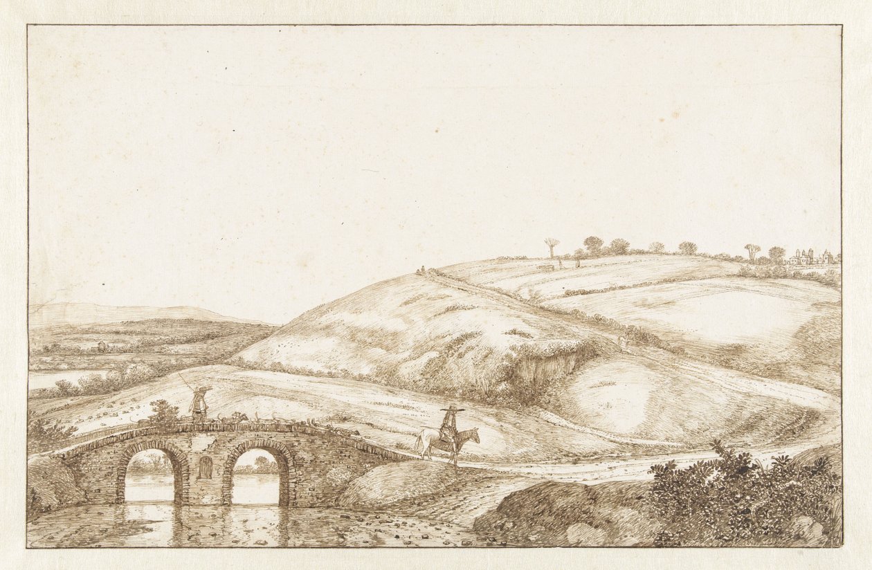 Kupert landskap med steinbro av Hendrick Cornelisz. Vroom