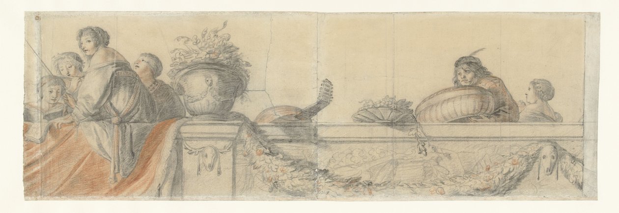 Folk på en balustrade med festonger Design for veggmalerier i Honselaersdijk Castle (serietittel) av Cornelis Holsteyn