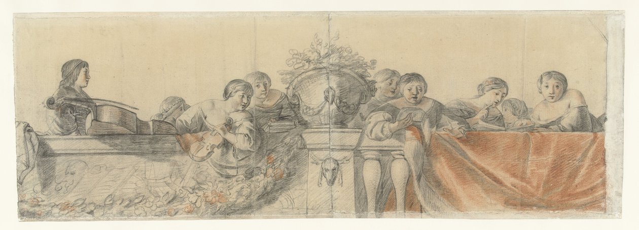 Folk på en balustrade med festonger Design for veggmalerier i Honselaersdijk Castle (serietittel) av Cornelis Holsteyn