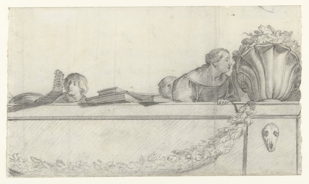 Folk på en balustrade med festonger Design for veggmalerier i Honselaersdijk Castle (serietittel) av Cornelis Holsteyn