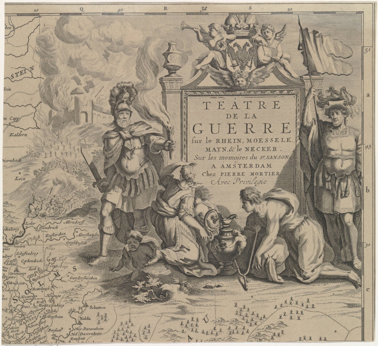 Kart over Solms-regionen mellom Marburg og Frankfurt am Main i Tyskland (ark øverst til høyre) Téâtre de la Guerre sur le Rhein, Moessele, Mayn & le Necker (tittel på objekt) av Cornelis Huyberts