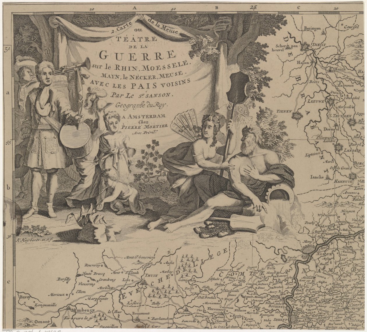 Kart over regionen øst og sør for Brussel og fylket Namur (blad øverst til venstre) Carte de la Meuse eller Téâtre de la Guerre sur le Rhein, Moessele, Mayn, le Necker, Meuse avec les pais voisins (tittel på objekt) av Cornelis Huyberts