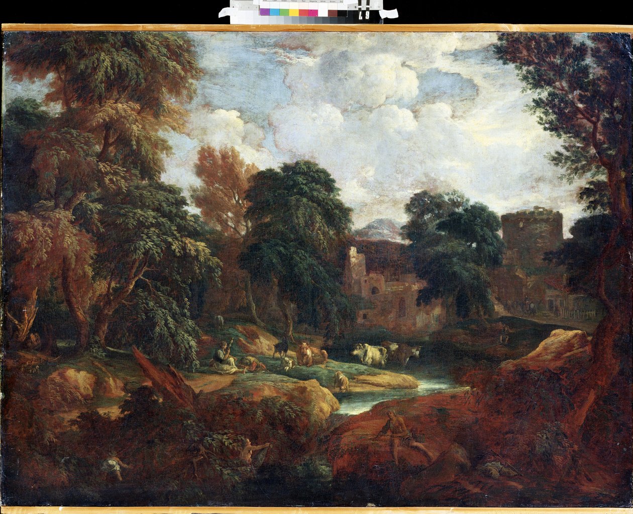 ""Dal i Flandern om sommeren med flokk med kyr nær en elv"" Maleri av Constantinus Cornelis Huysmans (1648-1727) Mikhail Kroshitsky kunstmuseum, Sevastopol (Sevastopol) Ukraina av Cornelis Huysmans