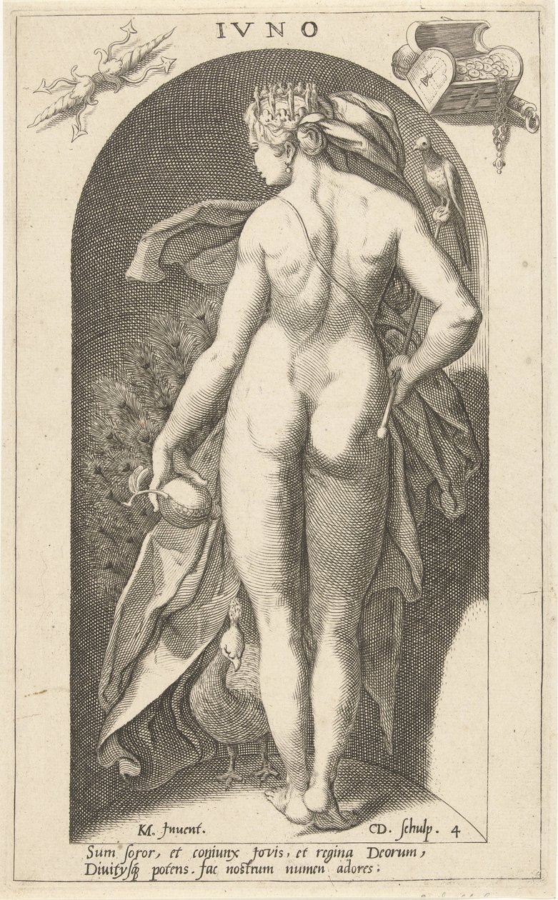 Juno med påfugl Ivno (tittel på objekt) Ancient Gods (serietittel) av Cornelis Jacobsz. Drebbel