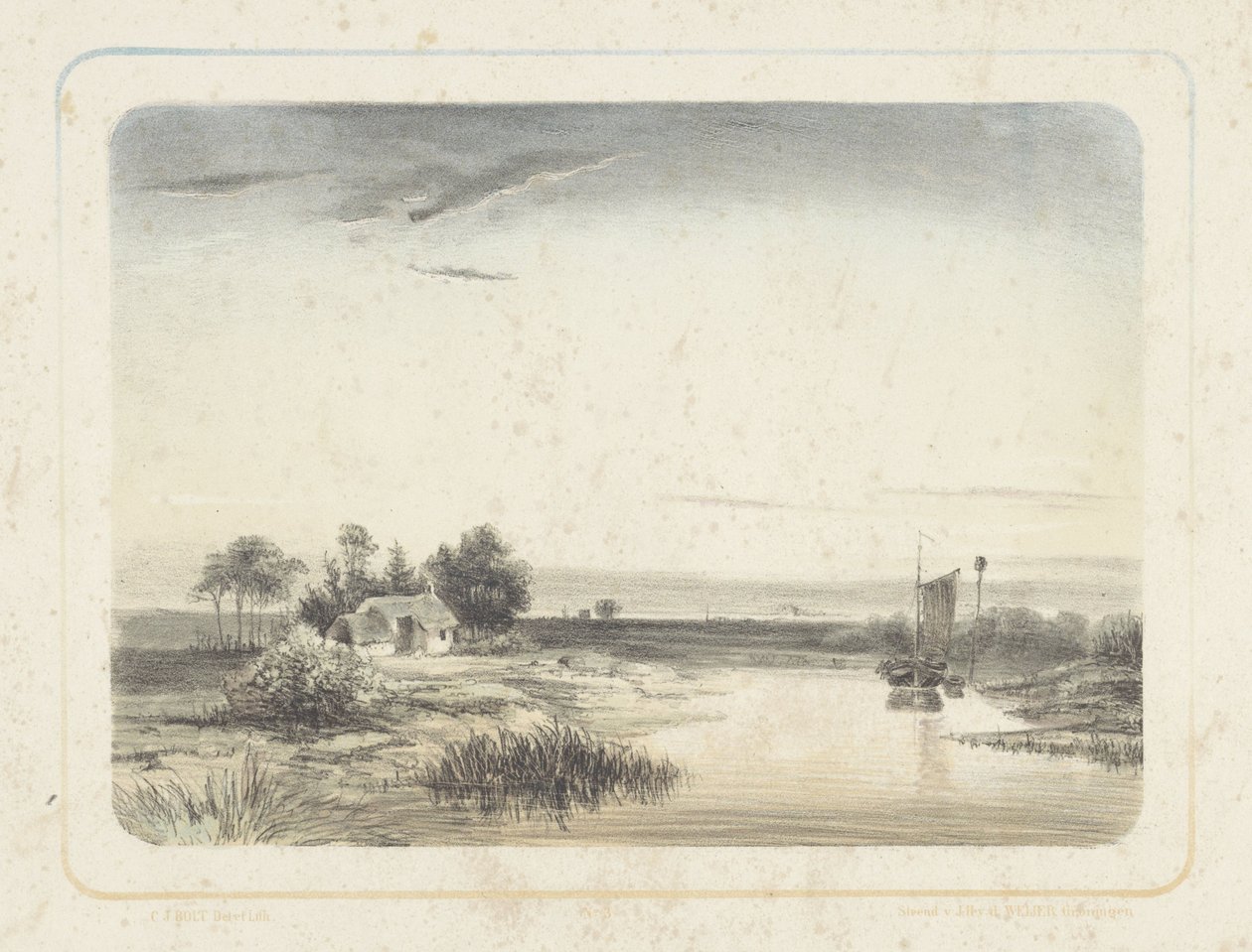 Elvelandskap med hus og seilbåt Seks landskap (serietittel) av Cornelis Jan Bolt