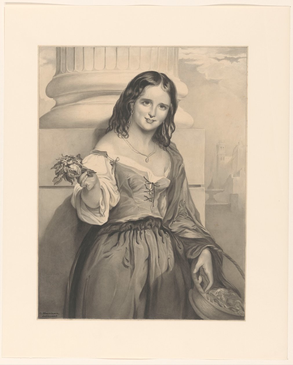 Blomsterselger, stående foran en søyle av Cornelis Kruseman