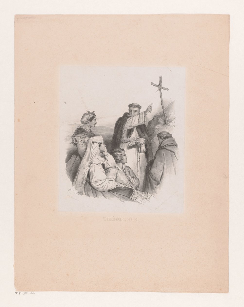 Selskap og munker ved et kors Théologie (tittel på objekt) av Cornelis Kruseman