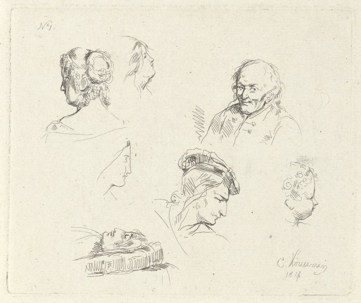 Studieark med ulike overskrifter av Cornelis Kruseman