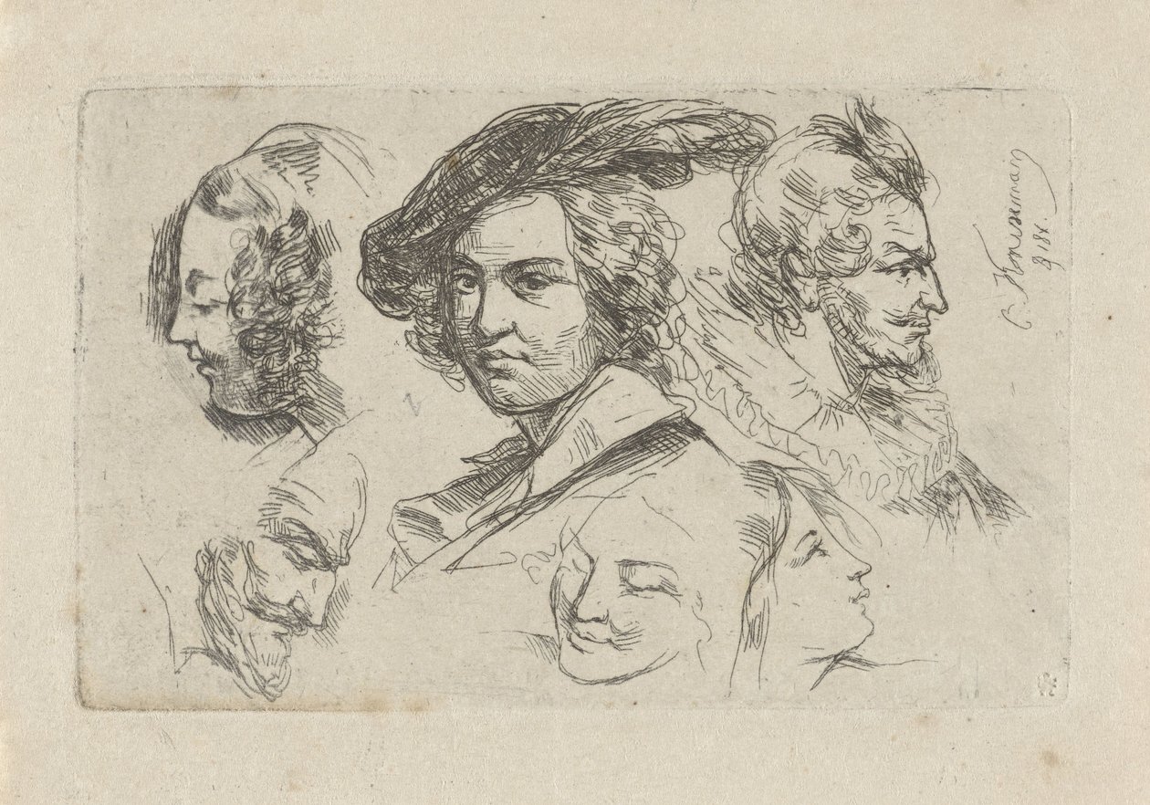 Studieark med seks hoder av Cornelis Kruseman