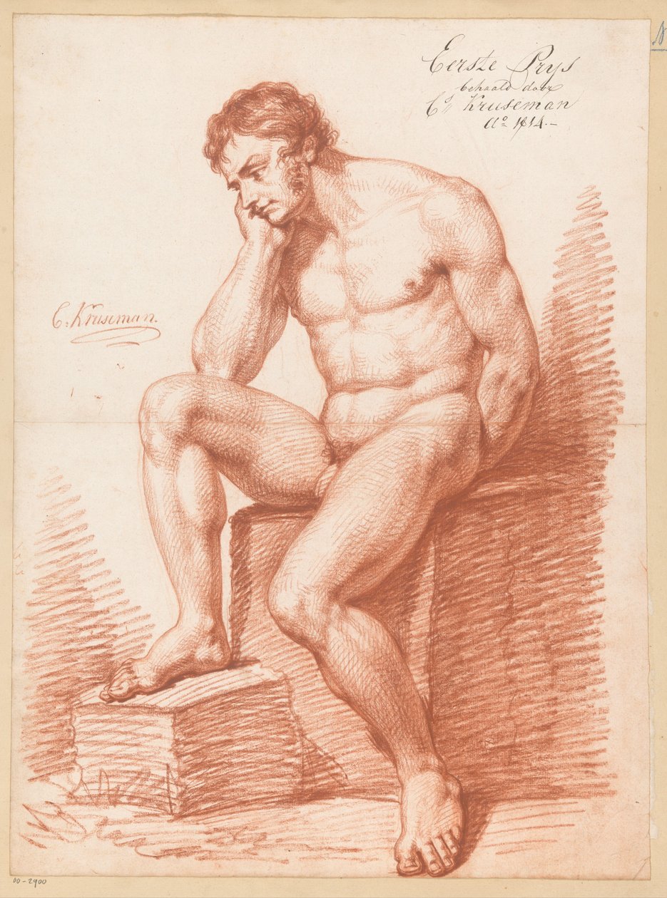 Sittende mann naken, sett forfra (1. premie 1814) av Cornelis Kruseman
