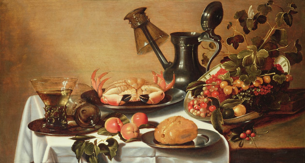Stilleben av frukt med krabbe, veltet roehmer på tut av mugge av Cornelis Kruys