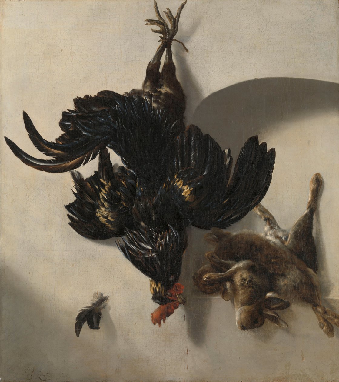 Stilleben med svart hane og to kaniner av Cornelis Lelienbergh