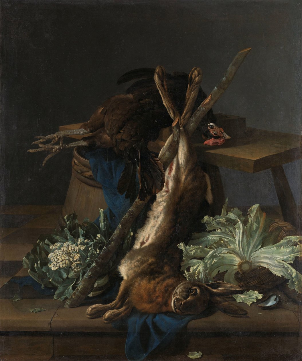 Stilleben med hare og en svart hane av Cornelis Lelienbergh
