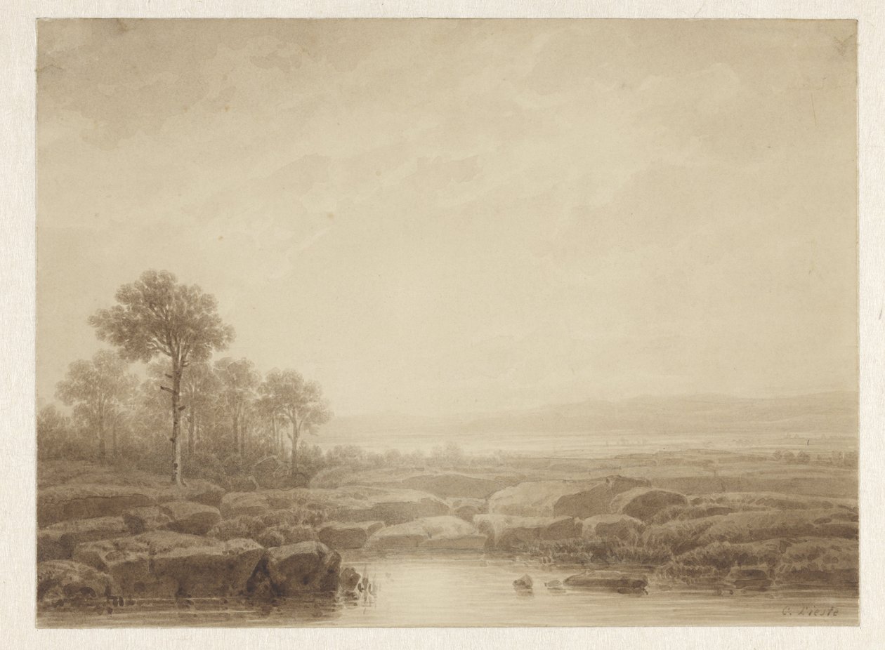 Landskap med steiner ved vann av Cornelis Lieste