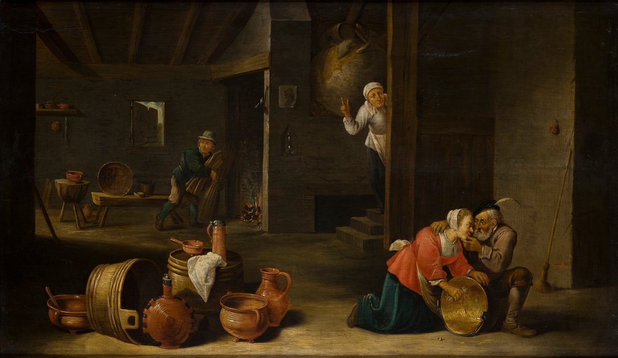 Ubehagelig overraskelse (ikke samsvarende par) (olje på panel) av Cornelis Mahu
