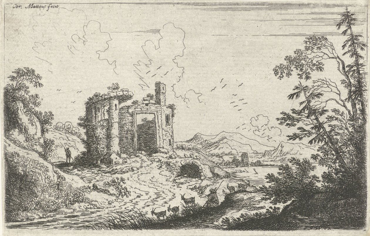 Landskap med en geitegjeter av Cornelis Matthieu