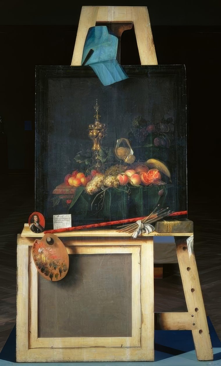 Malers staffeli med stilleben av frukt av Cornelis Norbertus Gysbrechts