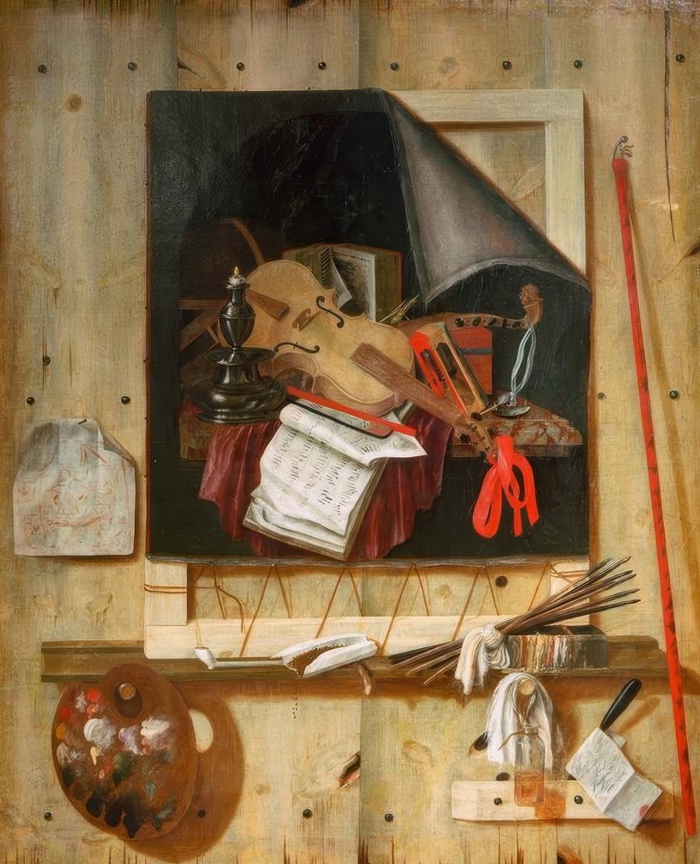 Trompel’Oeil med studiovegg og vanitas stilleben av Cornelis Norbertus Gysbrechts