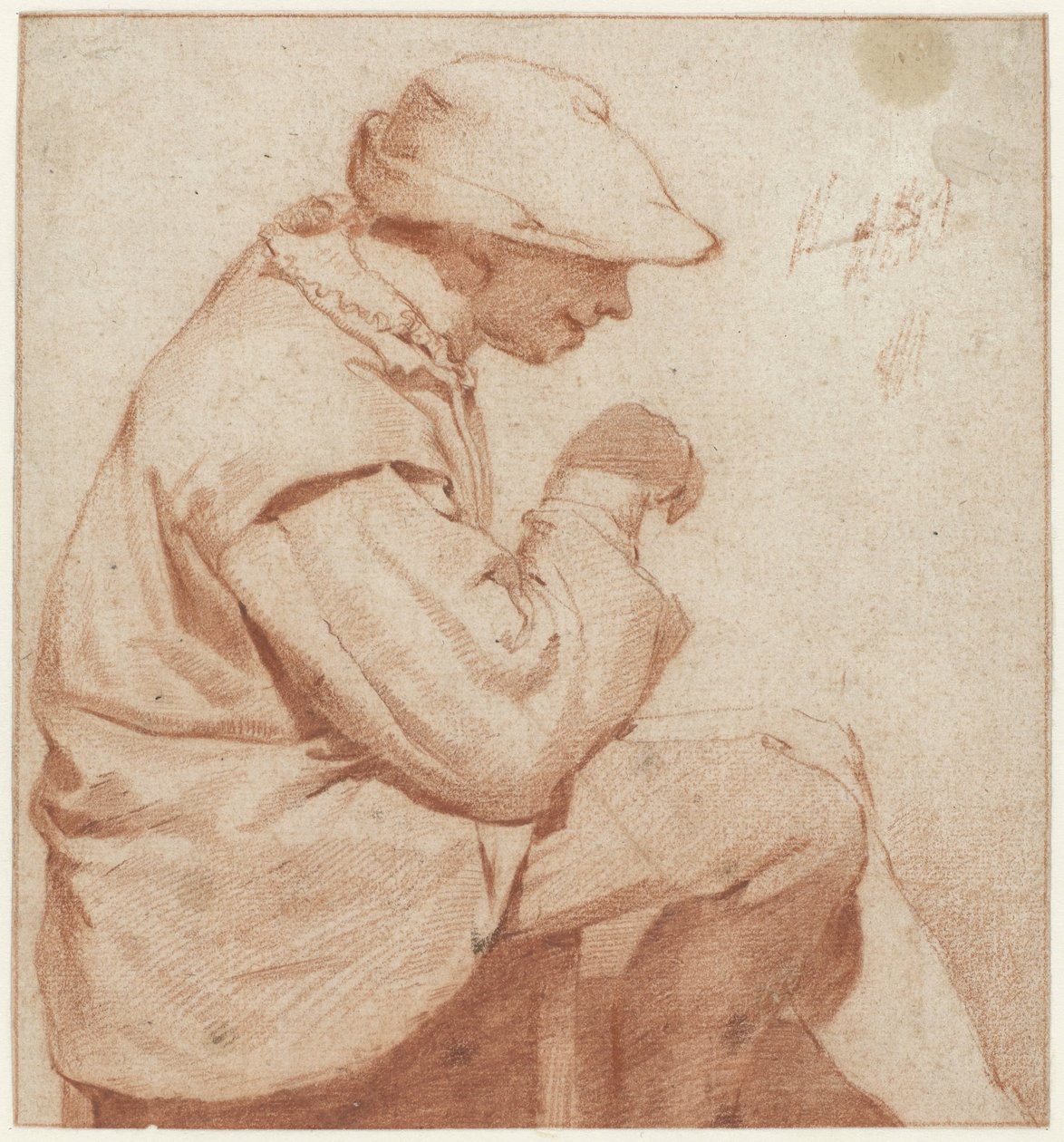 Sittende mann med myk hette, i profil til høyre, med høyre hånd hevet av Cornelis Pietersz. Bega (attributed to)