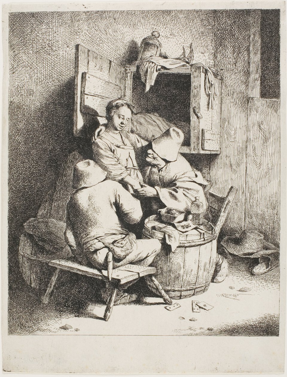 En mann som kjærtegner den unge vertinnen av Cornelis Pietersz. Bega