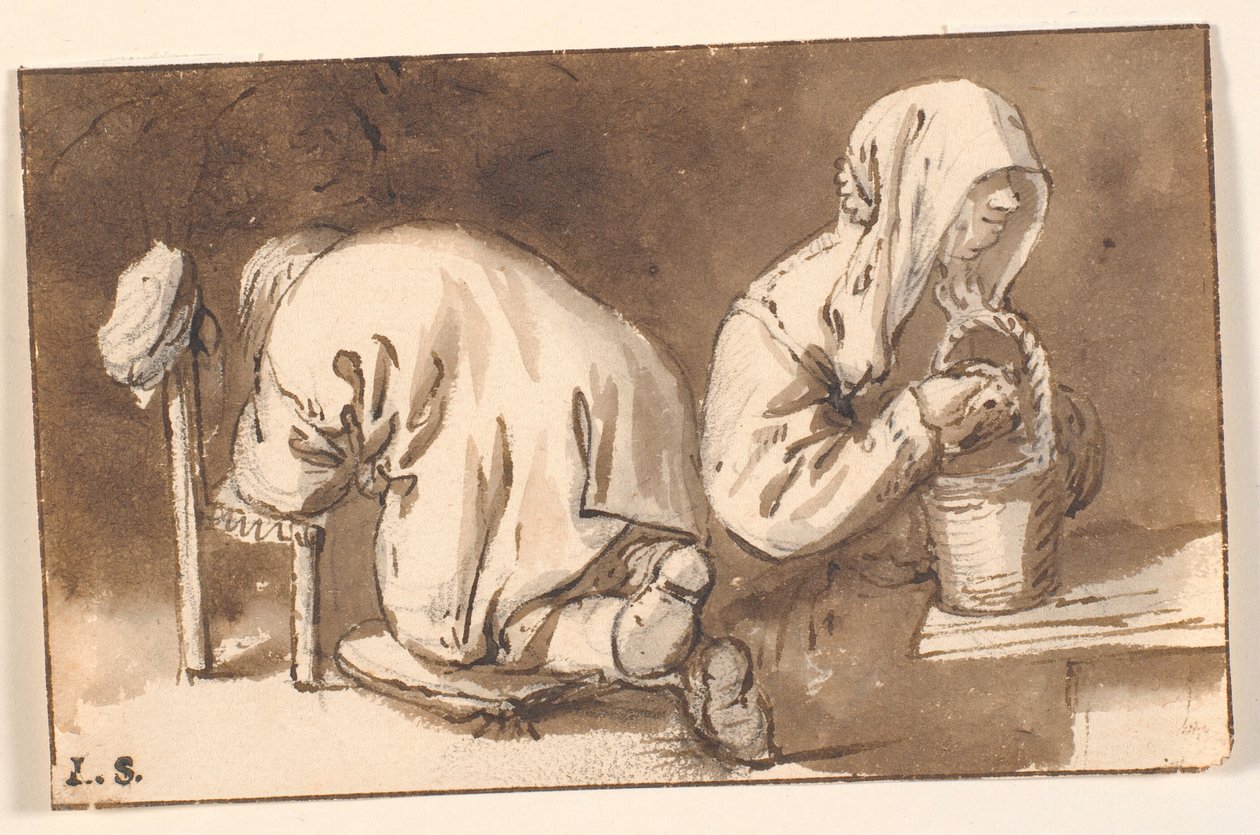 En knelende mann og en kvinne med en kurv av Cornelis Pietersz Bega