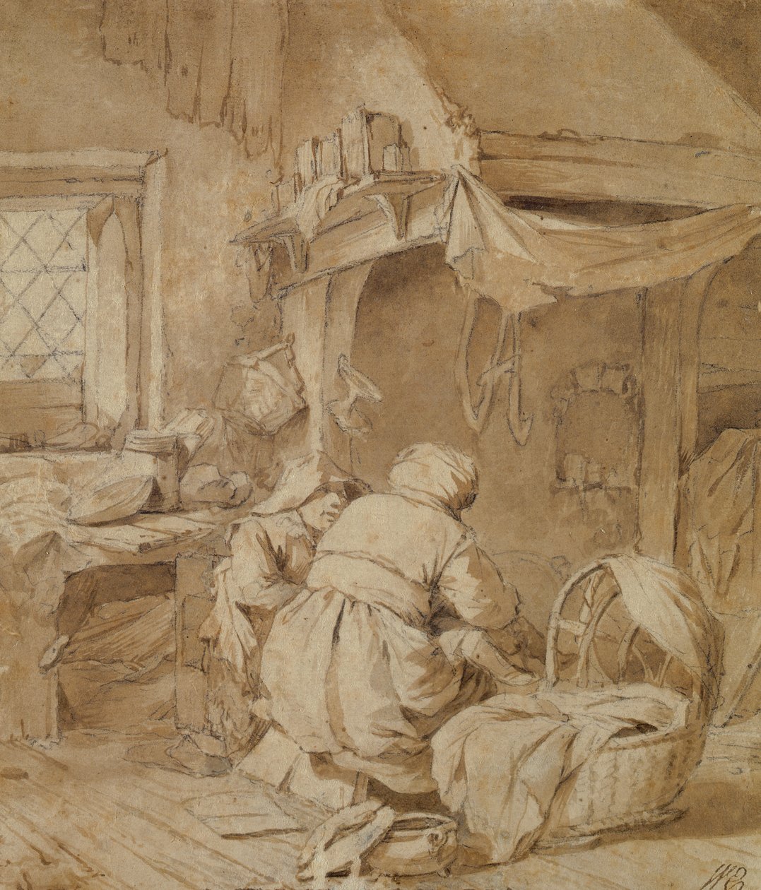 Farmhouse Parlor with Farmer, Cradle and Child, ca. 1654 (penn og blekk og pensel over blyant på papir) av Cornelis Pietersz Bega
