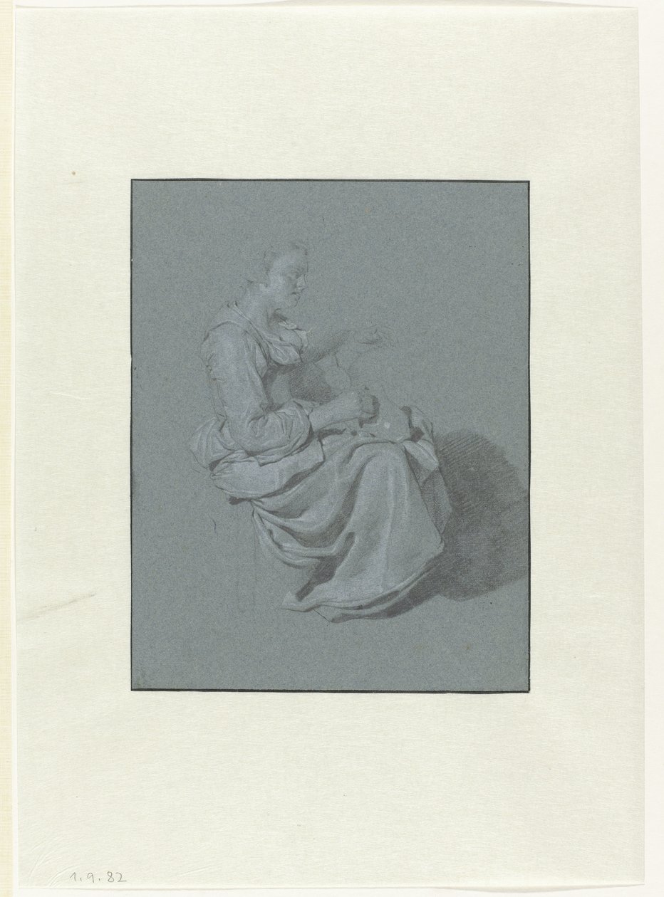 Sittende kvinne, i profil til høyre, med en mugge i høyre hånd av Cornelis Pietersz. Bega