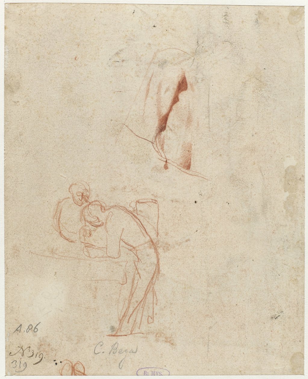 Skisse av to stående figurer og en draperistudie av Cornelis Pietersz. Bega