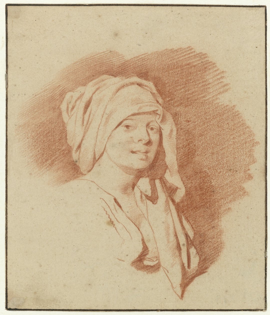 Studie av en kvinne, bystelengde, iført hodeplagg, Høyrevendt av Cornelis Pietersz. Bega